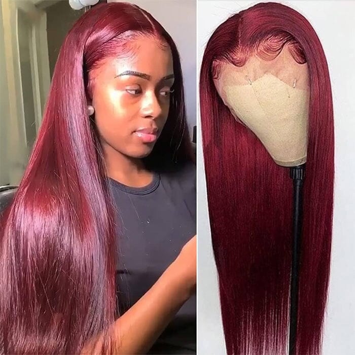 QT Burgundy Color Silky Bone Straight Lace Wigs Pre Plucked Human Hair for Women ｜QT Hair