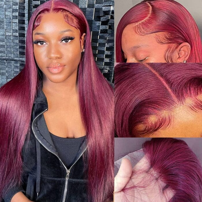 QT Burgundy Color Silky Bone Straight Lace Wigs Pre Plucked Human Hair for Women ｜QT Hair
