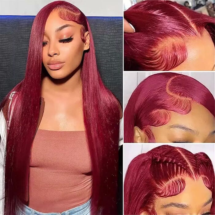 QT Burgundy Color Silky Bone Straight Lace Wigs Pre Plucked Human Hair for Women ｜QT Hair