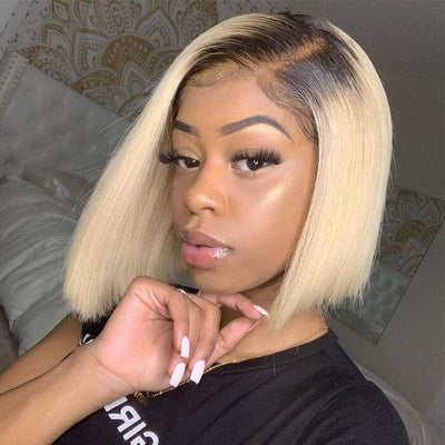 QT Dark Roots Honey Blonde Color 613 Lace Frontal Wig Silky Straight Human Hair ｜QT Hair