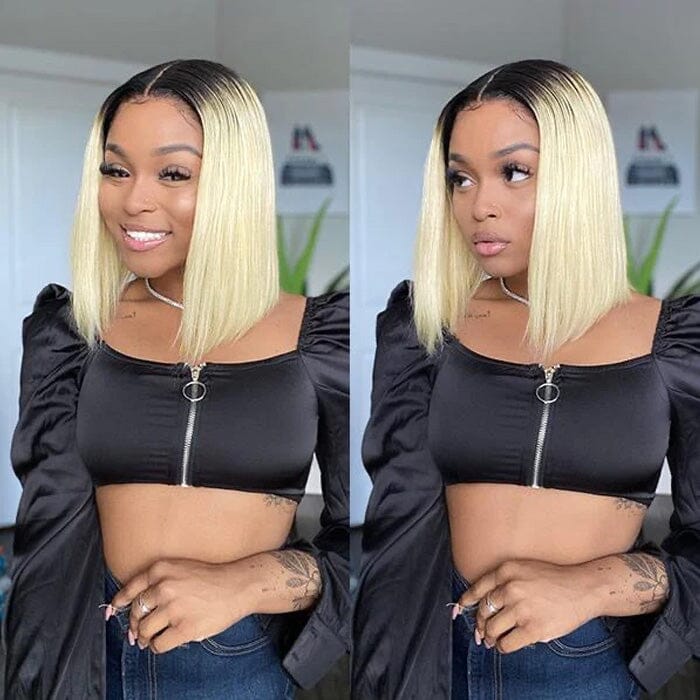 QT Dark Roots Honey Blonde Color 613 Lace Frontal Wig Silky Straight Human Hair ｜QT Hair