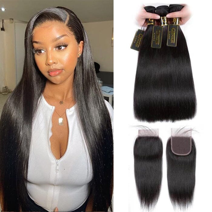 Peruvian Virgin Human Hair 3 Bundles Straight Hair with 4*4 Lace Closure with Baby Hair ｜QT Hair