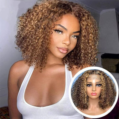 QT Hair Curly Bob Lace Frontal Wig Pre Plucked Ombre Highlight Human Hair ｜QT Hair