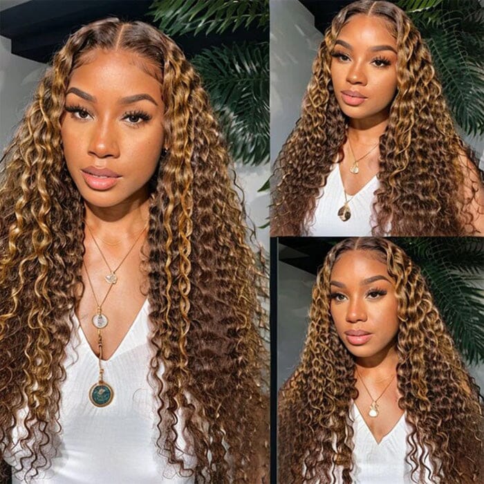 QT Hair Deep Wave Lace Closure Wigs Ombre Brown Highlight Human Hair ｜QT Hair