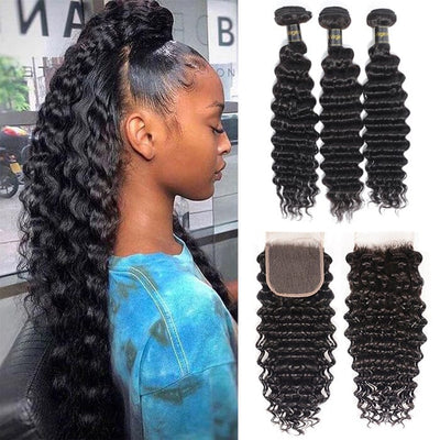 QT Indian Raw Human Hair Deep Wave 3 Bundles Hair Weave with Lace Closure ｜QT Hair