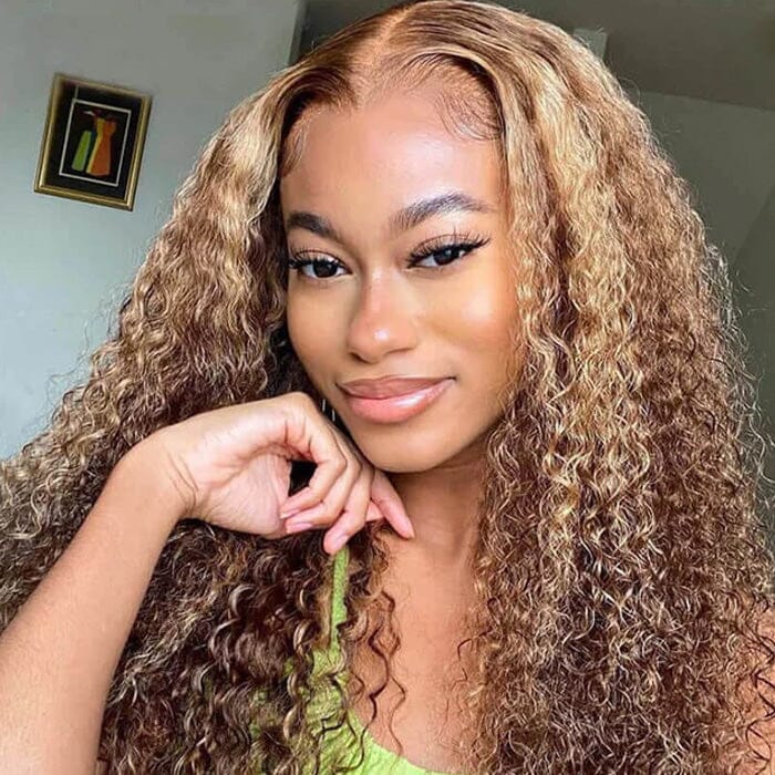 QT Jerry Curl Honey Blonde Highlight 4x4 5x5 Lace Closure Wigs Human Hair ｜QT Hair