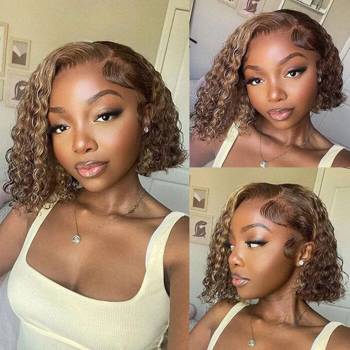 QT Ombre Highlight Lace Frontal Wig Short Bob Water Wave Human Hair ｜QT Hair
