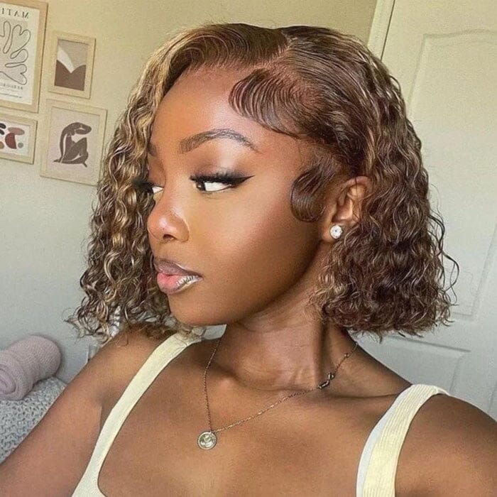 QT Ombre Highlight Lace Frontal Wig Short Bob Water Wave Human Hair ｜QT Hair