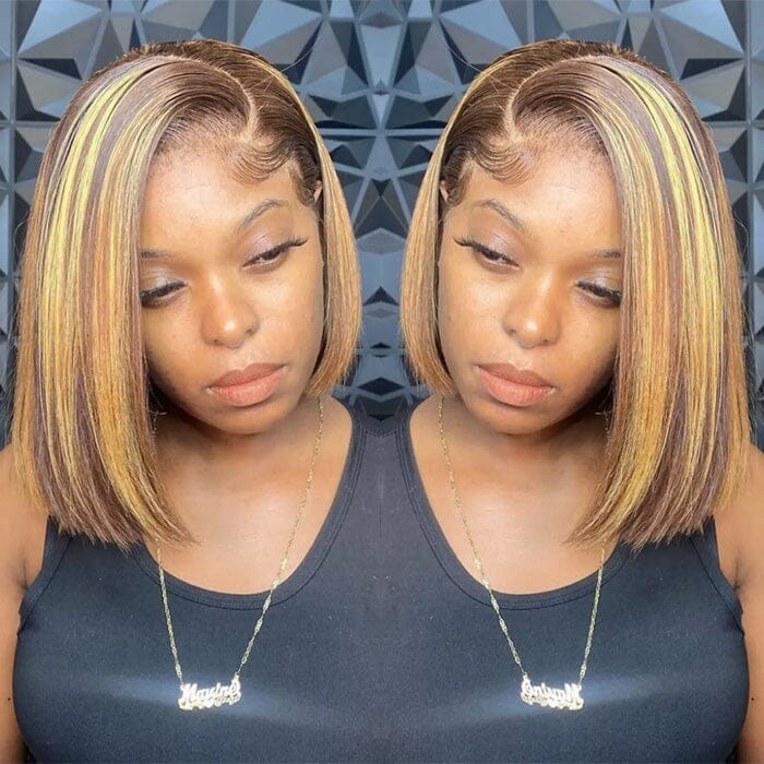 QT Short Bob Ombre Highlight Lace Frontal Wig Honey Blond Bone Straight Human Hair ｜QT Hair