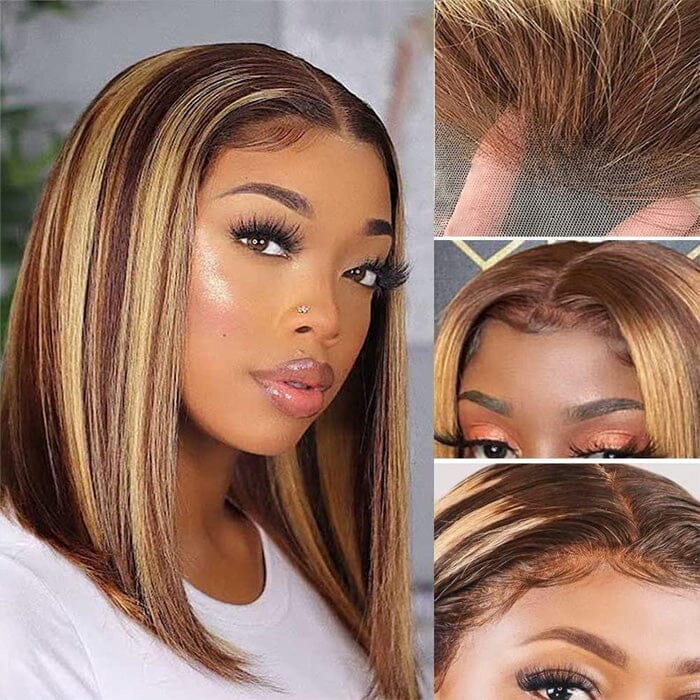 QT Short Bob Ombre Highlight Lace Frontal Wig Honey Blond Bone Straight Human Hair ｜QT Hair