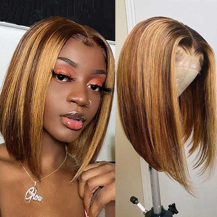 QT Short Bob Ombre Highlight Lace Frontal Wig Honey Blond Bone Straight Human Hair ｜QT Hair