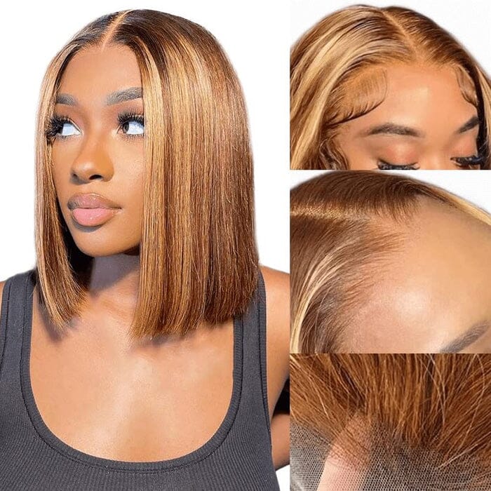 QT Short Bob Ombre Highlight Lace Frontal Wig Honey Blond Bone Straight Human Hair ｜QT Hair