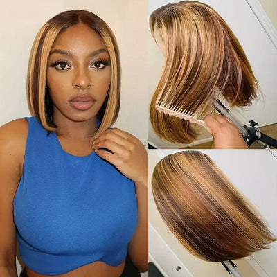 QT Short Bob Ombre Highlight Lace Frontal Wig Honey Blond Bone Straight Human Hair ｜QT Hair