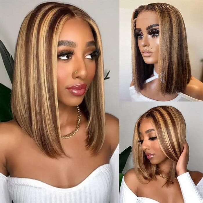 QT Short Bob Ombre Highlight Lace Frontal Wig Honey Blond Bone Straight Human Hair ｜QT Hair