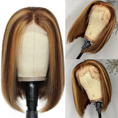 QT Short Bob Ombre Highlight Lace Frontal Wig Honey Blond Bone Straight Human Hair ｜QT Hair