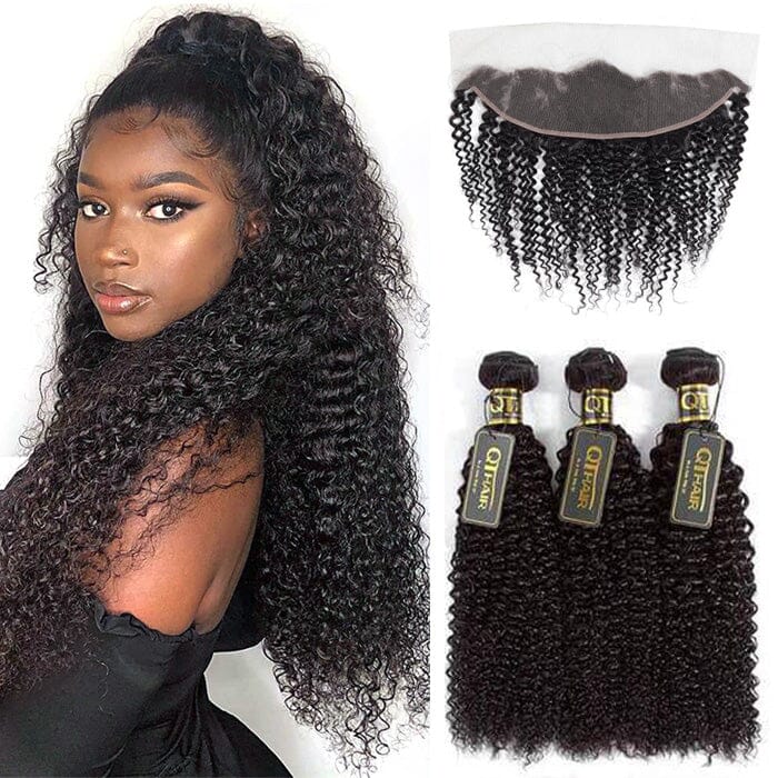 QT 14A Kinky Curly Weave Human Hair Bundles with 13x4 Lace Frontal Natural Color ｜QT Hair