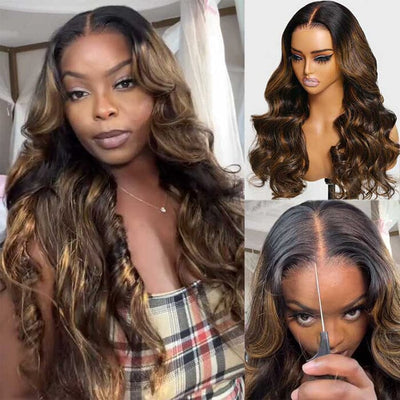 QT 70% Off Balayage Highlight Body Wave 8x5 Pre Cut Lace Wig Glueless Human Hair