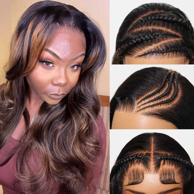 QT 70% Off Balayage Highlight Body Wave 8x5 Pre Cut Lace Wig Glueless Human Hair