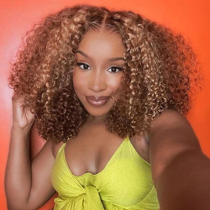 QT Hair Curly Bob Lace Frontal Wig Pre Plucked Ombre Highlight Human Hair