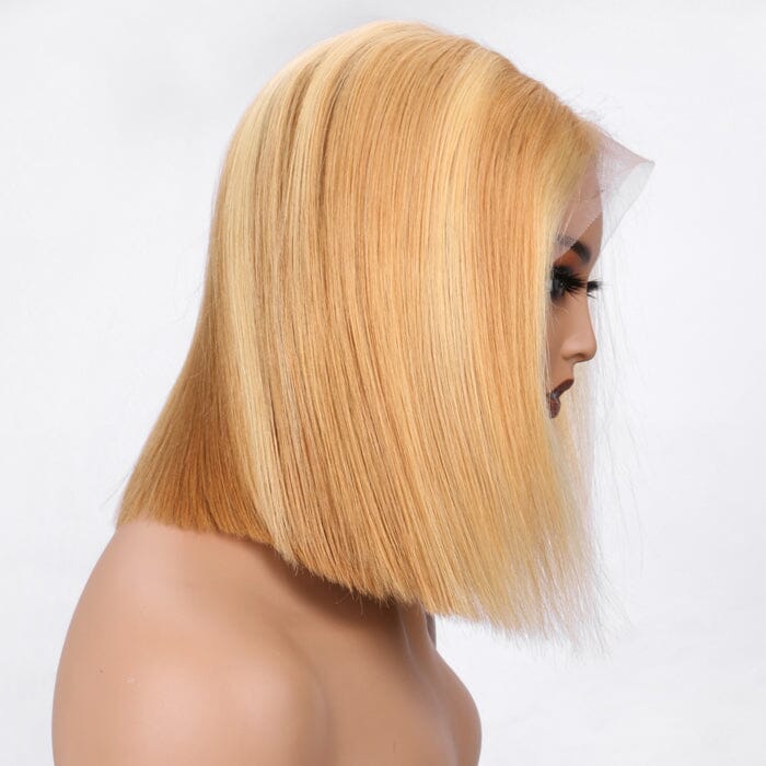QT Hair Honey Blonde Highlight Short Bob Lace Frontal Wig Bone Straight 613 Human Hair