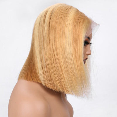 QT Hair Honey Blonde Highlight Short Bob Lace Frontal Wig Bone Straight 613 Human Hair