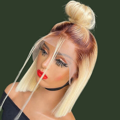 QT Hair Honey Blonde Highlight Short Bob Lace Frontal Wig Bone Straight 613 Human Hair
