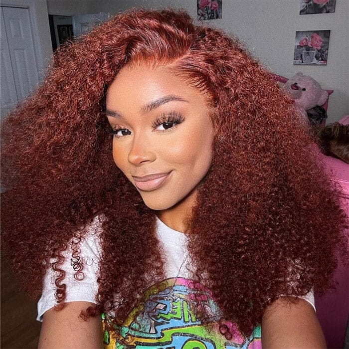 Reddish Brown Color 13x6 Lace Frontal Wig Pre Pluecked Kinky Curly Human Hair ｜QT Hair