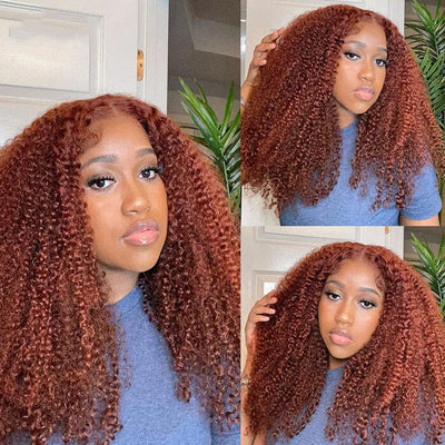 Reddish Brown Color 13x6 Lace Frontal Wig Pre Pluecked Kinky Curly Human Hair ｜QT Hair