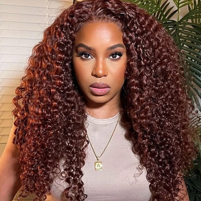 Reddish Brown Color 13x6 Lace Frontal Wig Pre Pluecked Kinky Curly Human Hair ｜QT Hair