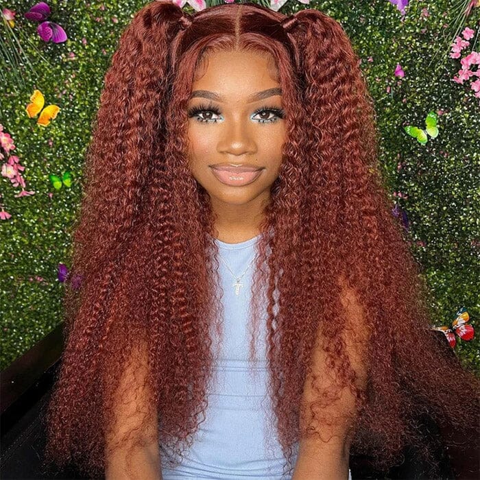 Reddish Brown Color 13x6 Lace Frontal Wig Pre Pluecked Kinky Curly Human Hair ｜QT Hair