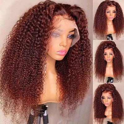 Reddish Brown Color 13x6 Lace Frontal Wig Pre Pluecked Kinky Curly Human Hair ｜QT Hair