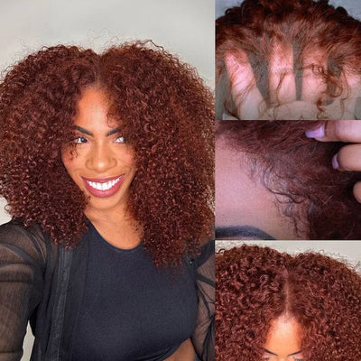 Reddish Brown Color 13x6 Lace Frontal Wig Pre Pluecked Kinky Curly Human Hair ｜QT Hair