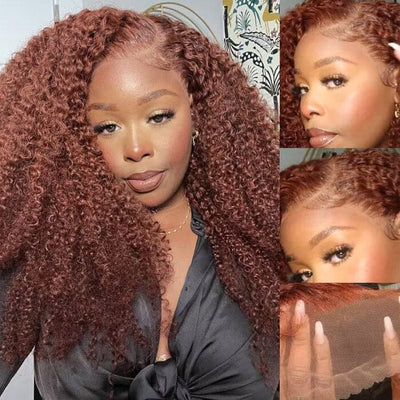 Reddish Brown Color 13x6 Lace Frontal Wig Pre Pluecked Kinky Curly Human Hair ｜QT Hair