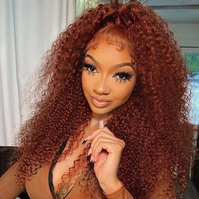 Reddish Brown Color 13x6 Lace Frontal Wig Pre Pluecked Kinky Curly Human Hair ｜QT Hair