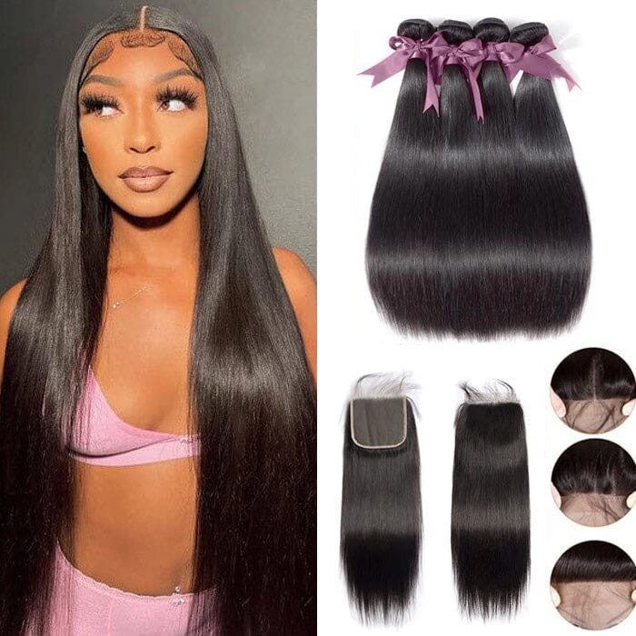 Straight 100% Unprocessed Human Hair 4 Bundles with 4x4 Swiss Lace Closure ｜QT Hair