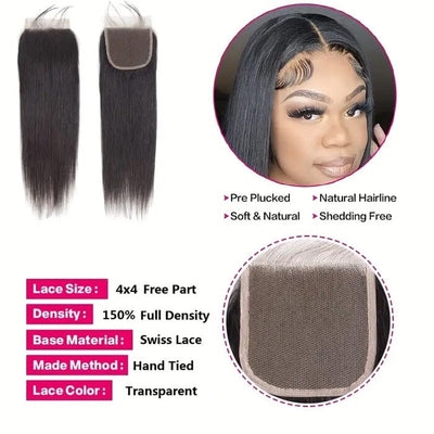 Straight 100% Unprocessed Human Hair 4 Bundles with 4x4 Swiss Lace Closure ｜QT Hair
