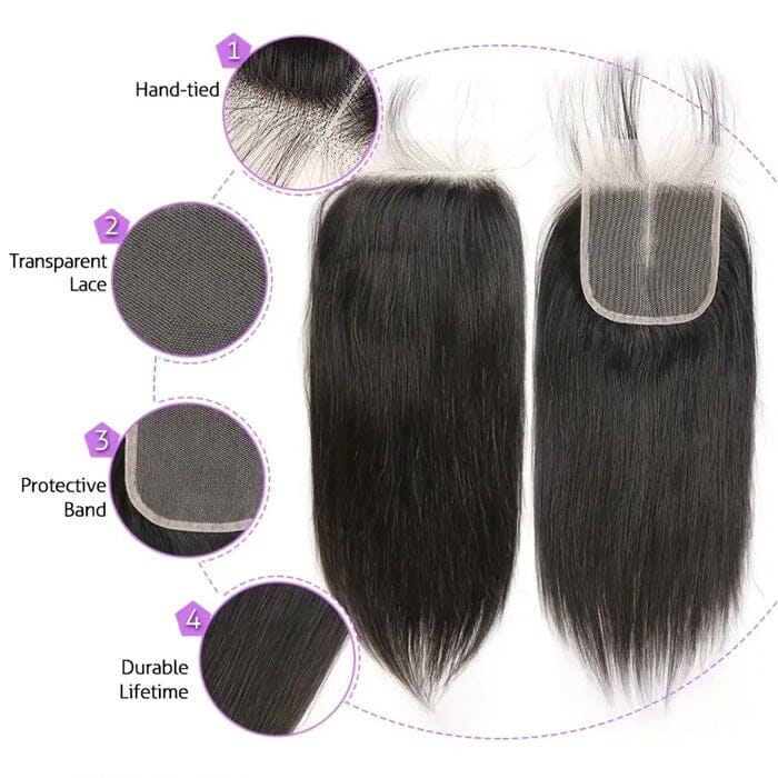Straight 100% Unprocessed Human Hair 4 Bundles with 4x4 Swiss Lace Closure