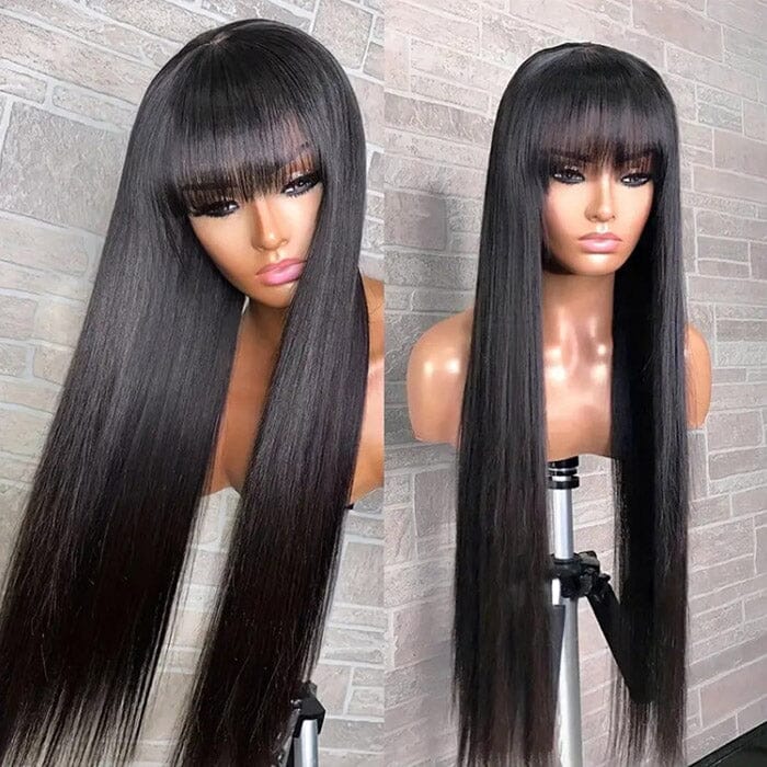 Straight Human Hair Wigs With Bangs Pre Plucked Full Machine Made Wigs ｜QT Hair