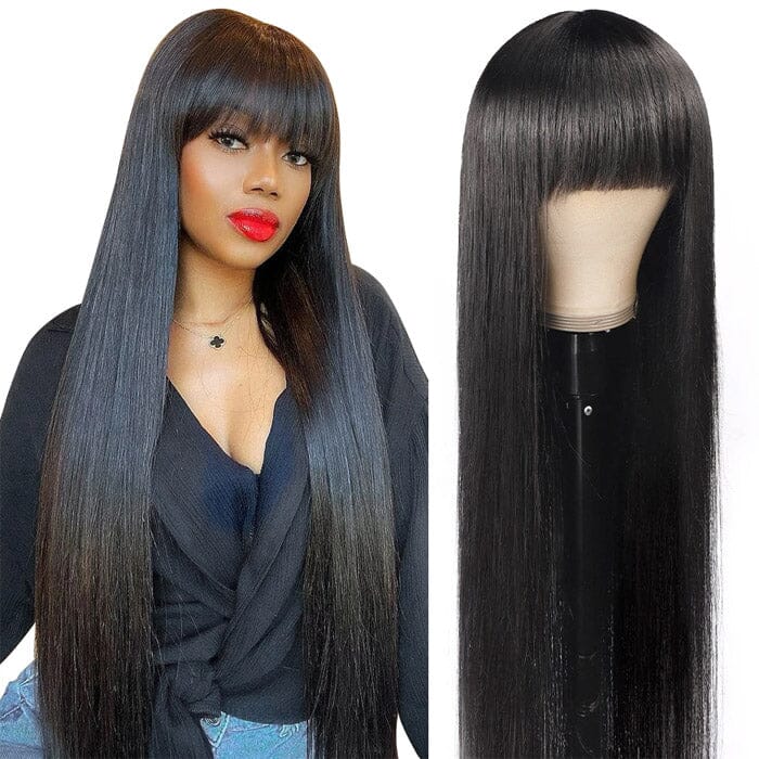 Straight Human Hair Wigs With Bangs Pre Plucked Full Machine Made Wigs