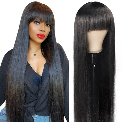 Straight Human Hair Wigs With Bangs Pre Plucked Full Machine Made Wigs ｜QT Hair