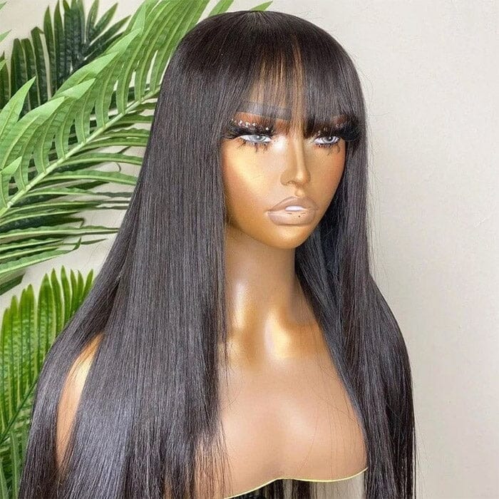 Straight Human Hair Wigs With Bangs Pre Plucked Full Machine Made Wigs