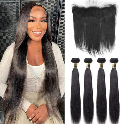 Straight Malaysian Human Hair 4 Bundles with Frontal Natural Black Color for Women ｜QT Hair