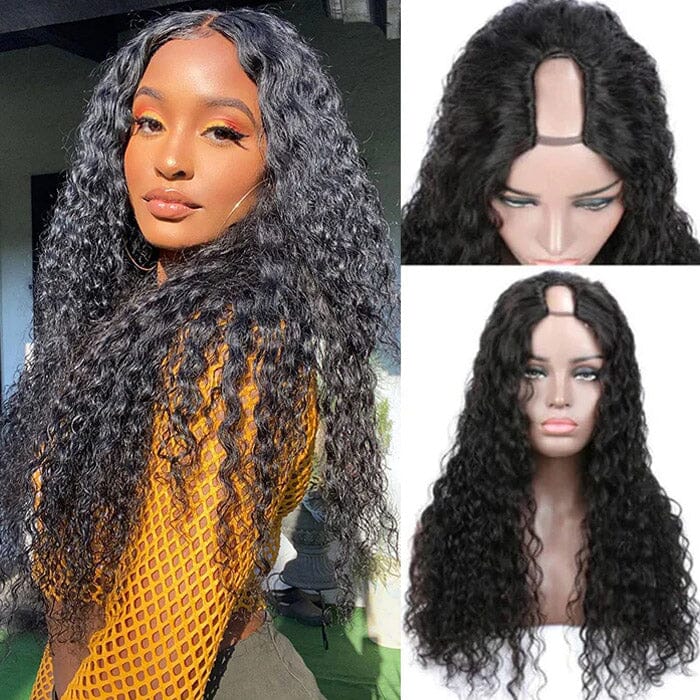 U Part Water Wave Human Hair Wigs For Black Women Wet and Wave 2x4 Left Part Wigs