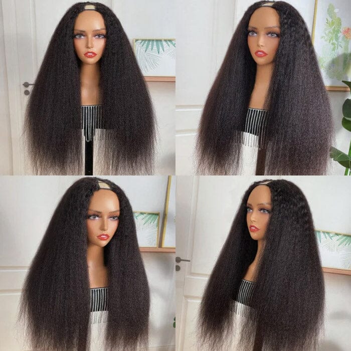 U Part Wig Kinky Straight  Human Hair Wigs For Black Women Italian Yaki 2x4 Left Part Wigs