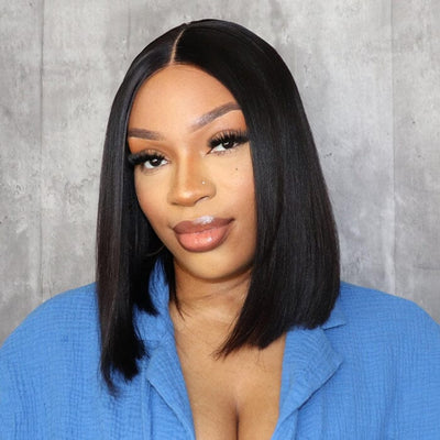 Yaki Straight Bob Lace Frontal Wig Pre Plucked Kinky Straight Lace Closure Wig Glueless Virgin Human Hair ｜QT Hair