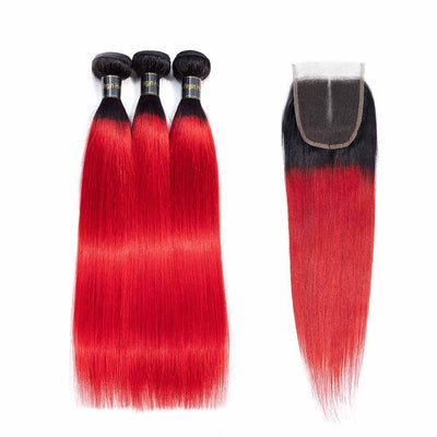 QT Hair 3 Bundles Straight Hair Bundles With Closure Colored Ombre Human Hair Bundles With Closure 1B/Red Remy Weaves - QT Hair