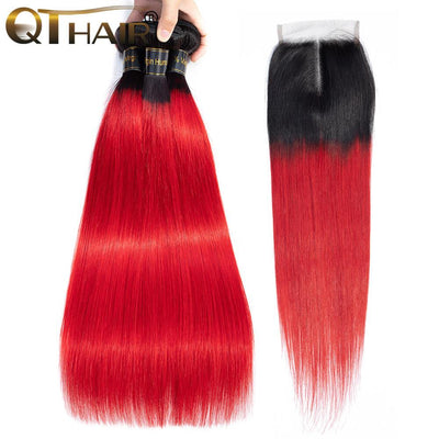 QT Hair 3 Bundles Straight Hair Bundles With Closure Colored Ombre Human Hair Bundles With Closure 1B/Red Remy Weaves - QT Hair