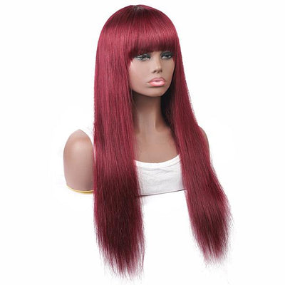 QTHAIR 12A 99J Burgundy Color Straight Hair No Lace Wig With Bangs - QT Hair