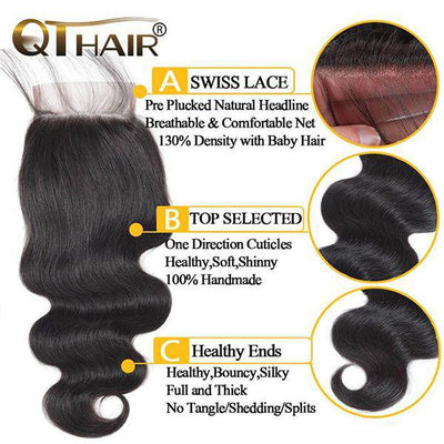 QTHAIR 12A Brazilian Body Wave Human Hair Bundles With Closure 100% Unprocessed Virgin Hair Weave With 4*4 Swiss Lace Closure - QT Hair