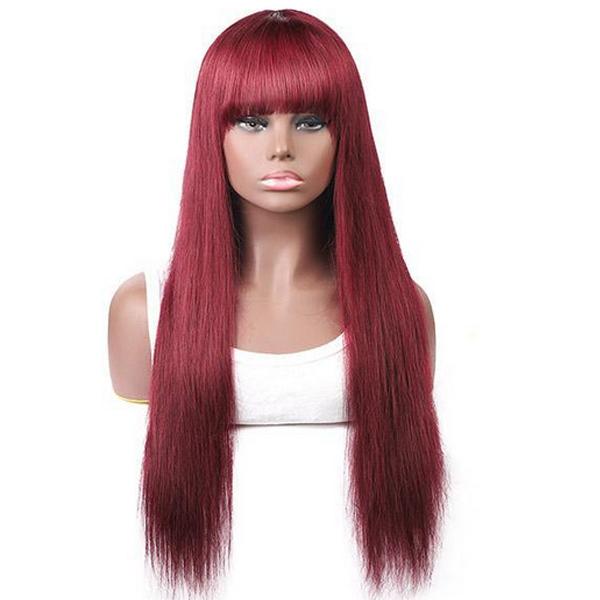 QTHAIR 12A 99J Burgundy Color Straight Hair No Lace Wig With Bangs - QT Hair